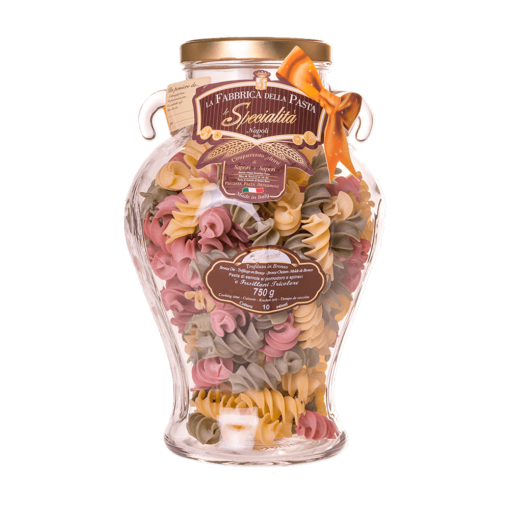 Macarrão Italiano Vaso Da Anfora Fusilloni Tricolore La Fabbrica Della Pasta Di Gragnano 750g